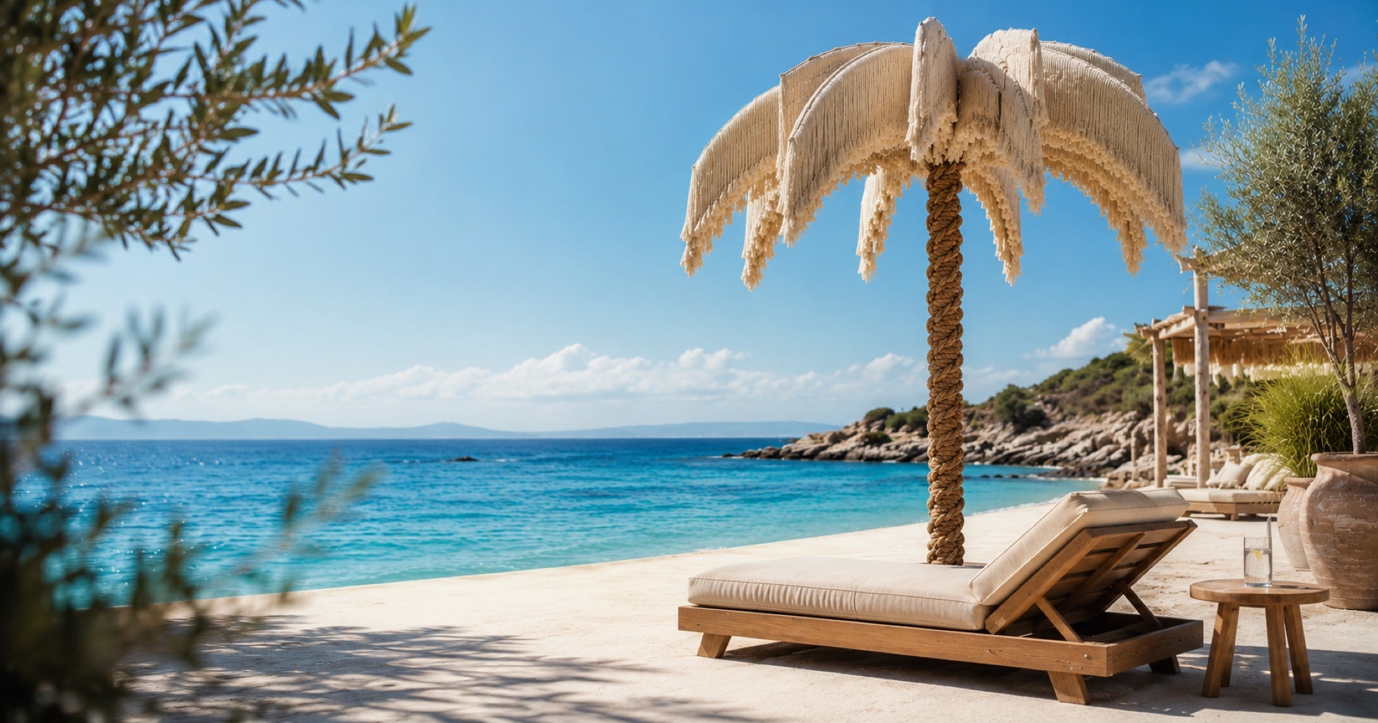 Dimare macramé palm parasol at a seaside beach club